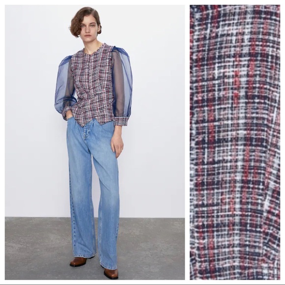 NWT Zara Tweed Blouse with Organza Sleeves Size S. - Picture 2 of 9